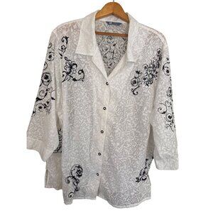 Koret Woman Plus Size Button Up Shirt White Black Embroidered 3/4 Sleeve Cotton